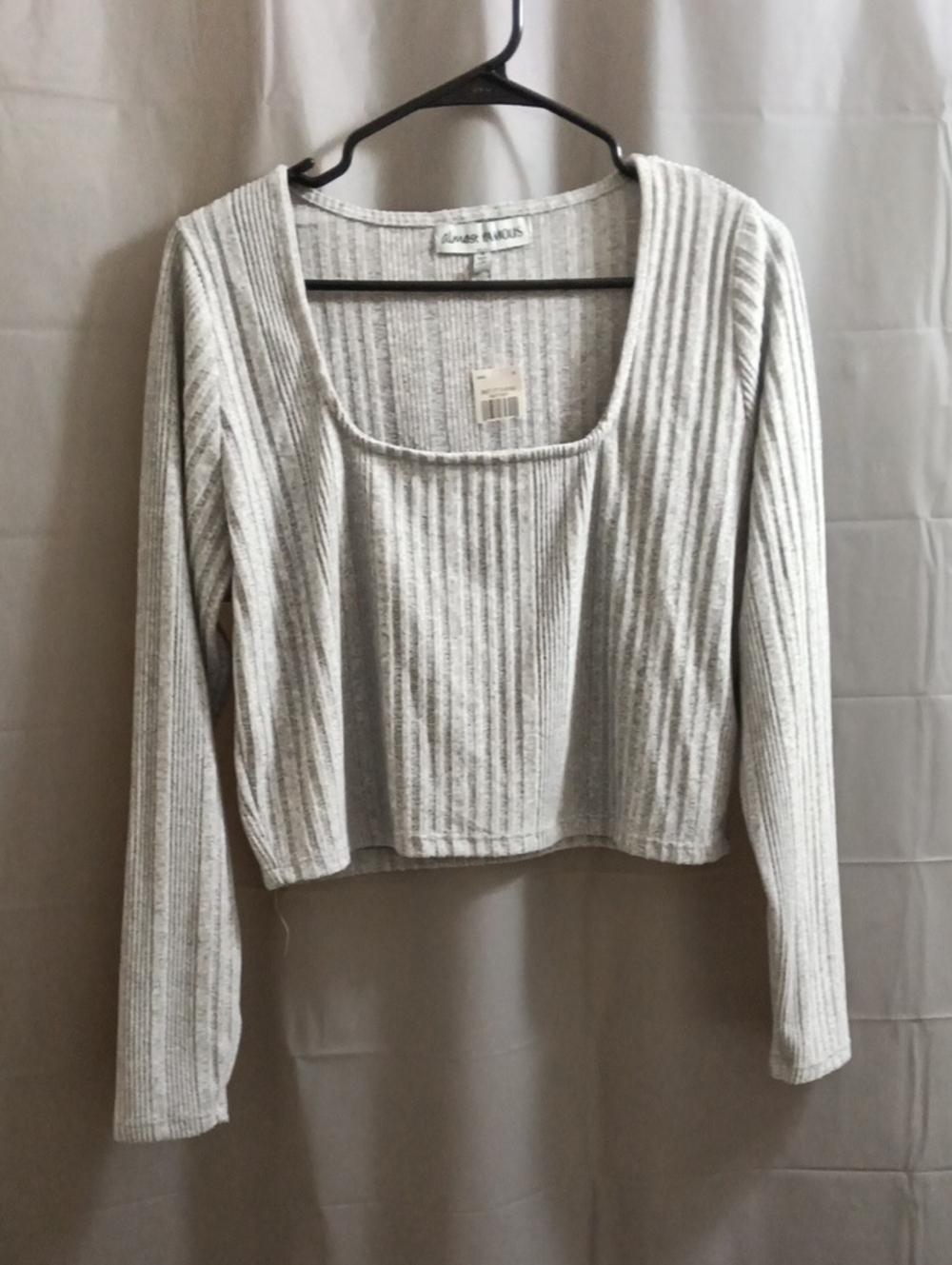 Almost Famous Light Gray Ribbed Scoop Neck Cropped Long Sleeve Top